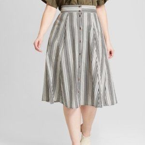 Striped A-line button-down midi skirt